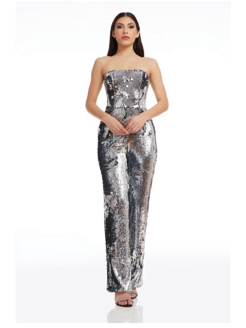 DRESS THE POPULATION Andy Sequin Strapless Jumpsuit Silver xxs